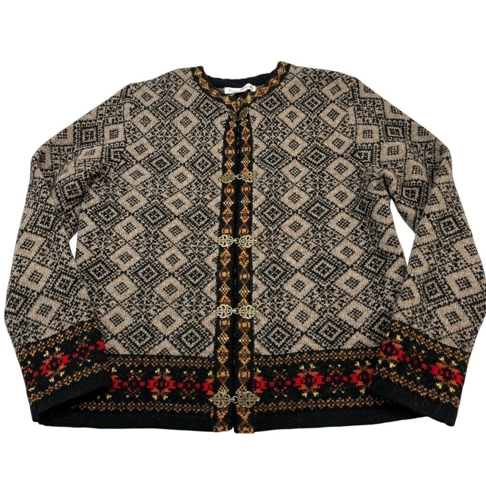 Susan Bristol‎ Sweater S Brown 100% Wool Nordic Fair Isle Cardigan Metal Clasp